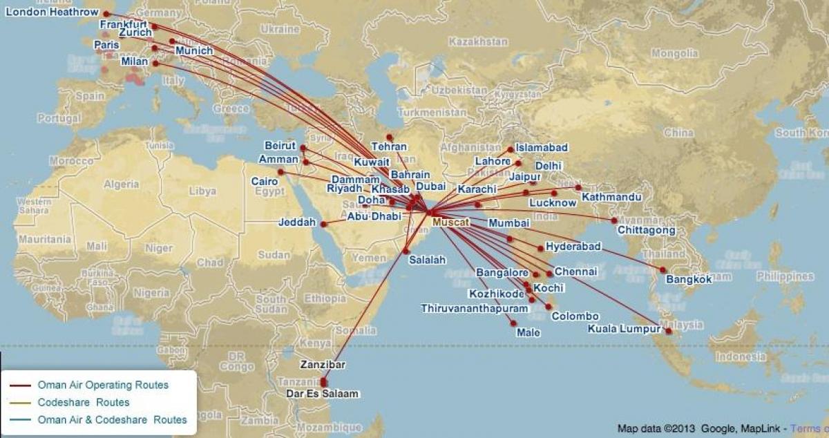 オマーン飛行機を地図